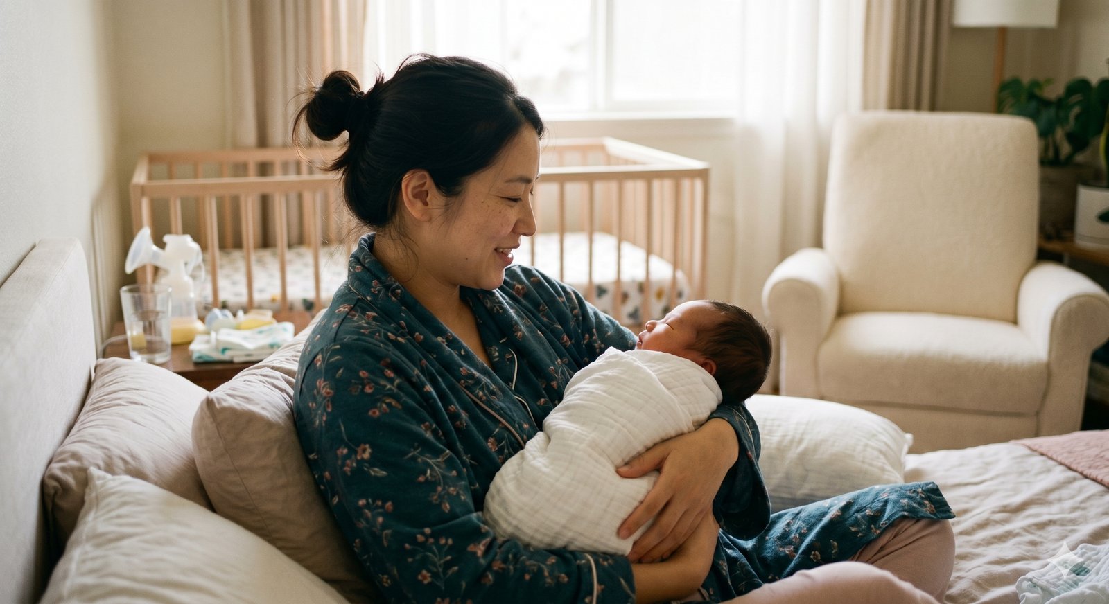 asian mother in recovery robe holding swaddled newborn
