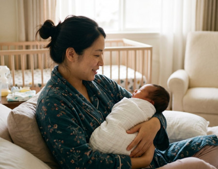 asian mother in recovery robe holding swaddled newborn